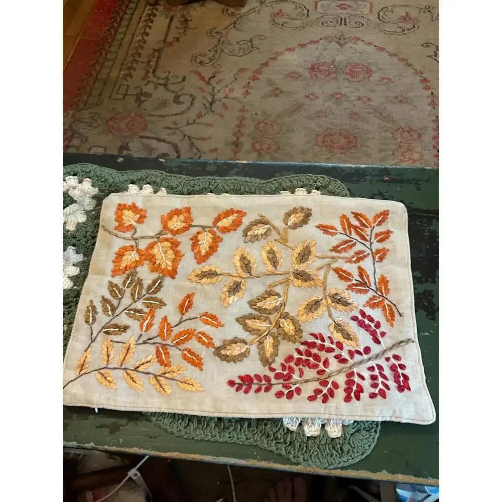 Autumn Leaf Embroidered  Linen Blend Decorative Pillow Cover